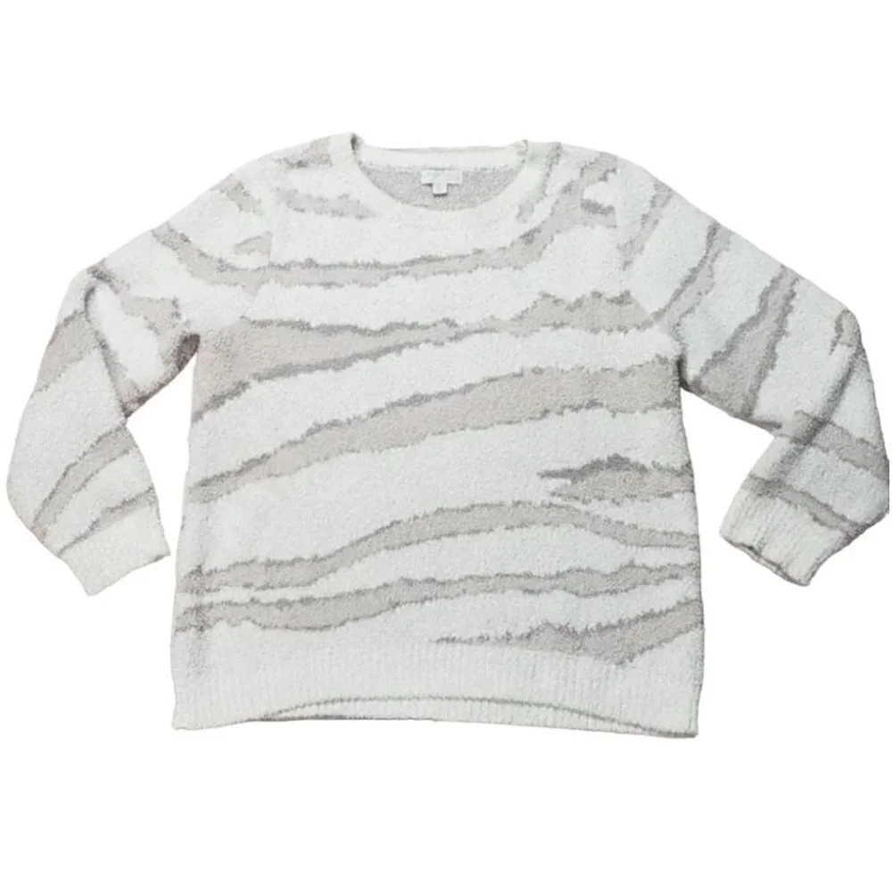 Barefoot Dreams CozyChic Seaside CrewNeck Pullover Sweater Cream Zebra Ivory - Picture 4 of 10